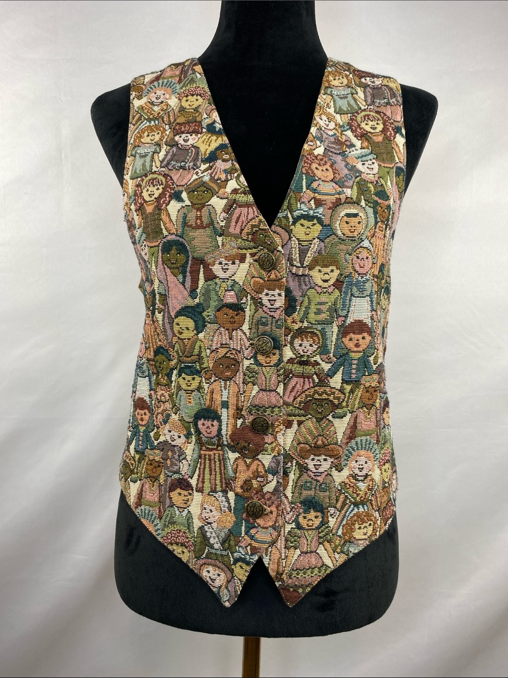 Vintage Nadia Folk Art Doll Print Tapestry Vest Italian Fabric Size Large